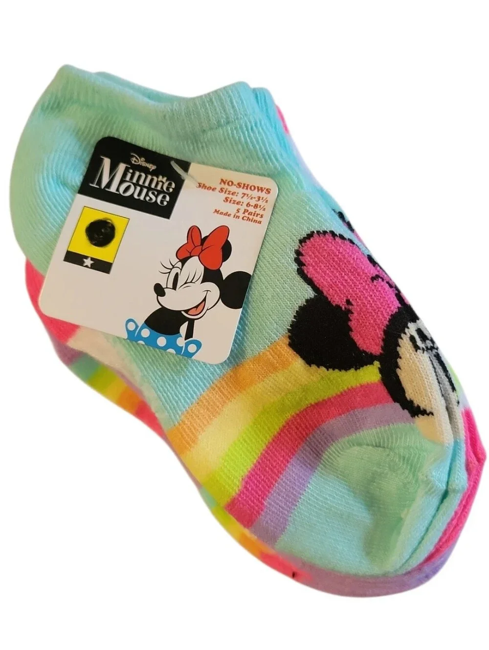 NWT Disney Minnie Mouse No Show Socks Sz 6-8 1/2 Rainbow Colors 5 Pk